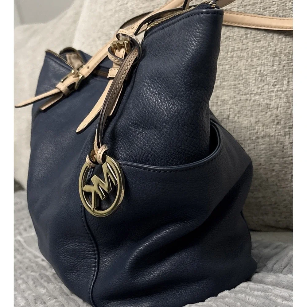 Michael Kors Navy Zip Top Tote Bag Gold Hardware w/ MK Charm Lined Pockets